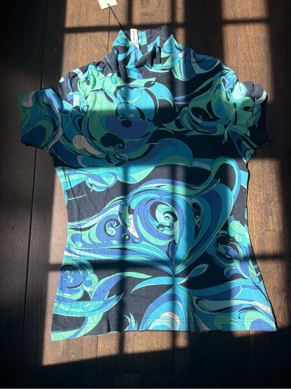 Emilio Pucci Short-Sleeve Mock Neck Top in Blue and Teal Swirl Print - Picture 1 of 7